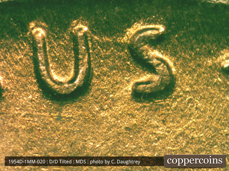 Die-stage B marker on 1954D•1MM•020 (1954 Repunched Mint Mark).