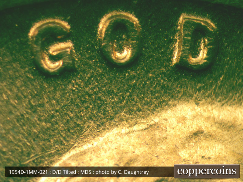 Die-stage B marker on 1954D•1MM•021 (1954 Repunched Mint Mark).
