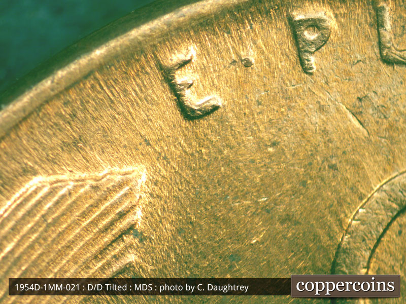 Die-stage B marker on 1954D•1MM•021 (1954 Repunched Mint Mark).