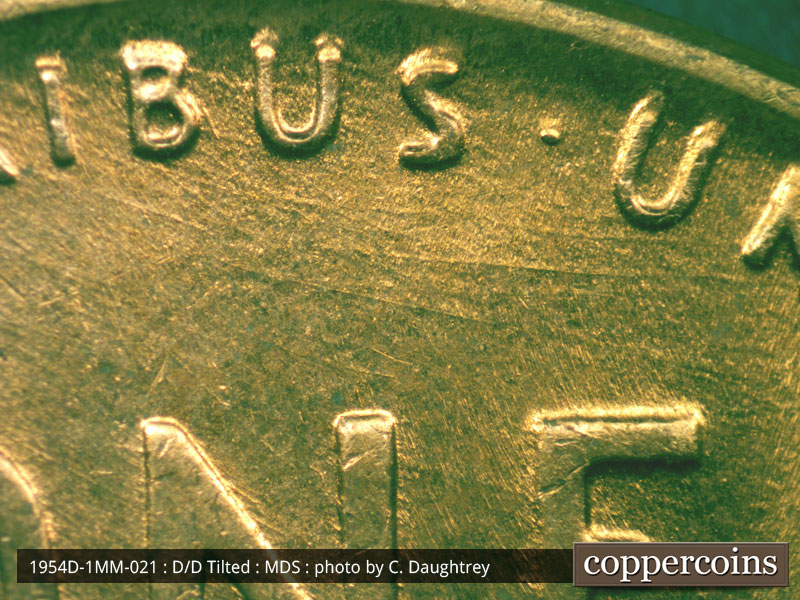 Die-stage B marker on 1954D•1MM•021 (1954 Repunched Mint Mark).