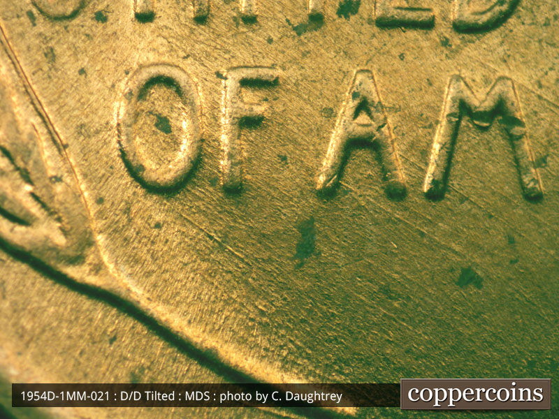 Die-stage B marker on 1954D•1MM•021 (1954 Repunched Mint Mark).