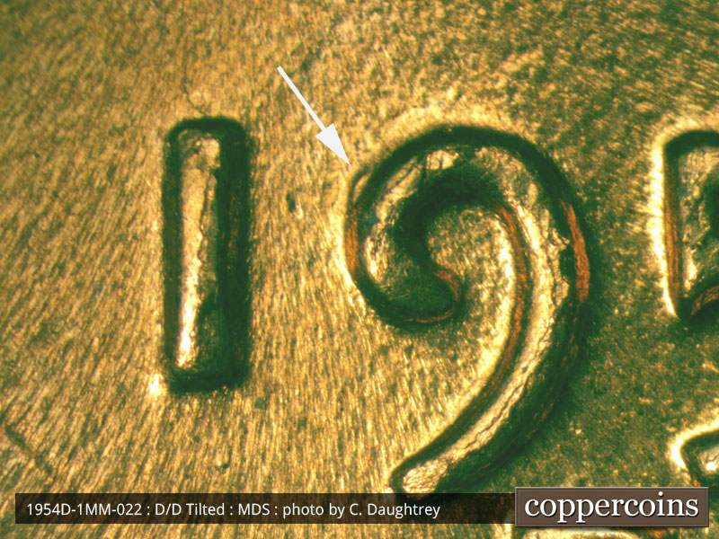 Die-stage B marker on 1954D•1MM•022 (1954 Repunched Mint Mark).