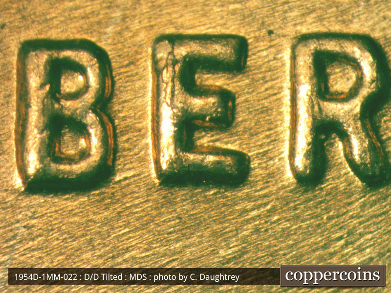 Die-stage B marker on 1954D•1MM•022 (1954 Repunched Mint Mark).