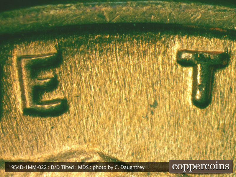 Die-stage B marker on 1954D•1MM•022 (1954 Repunched Mint Mark).