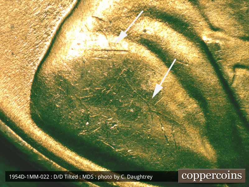 Die-stage B marker on 1954D•1MM•022 (1954 Repunched Mint Mark).
