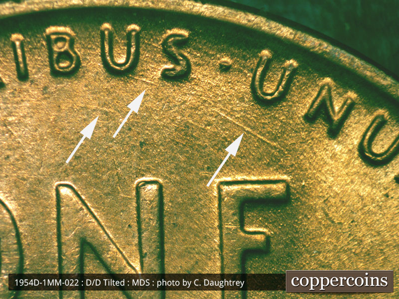 Die-stage B marker on 1954D•1MM•022 (1954 Repunched Mint Mark).