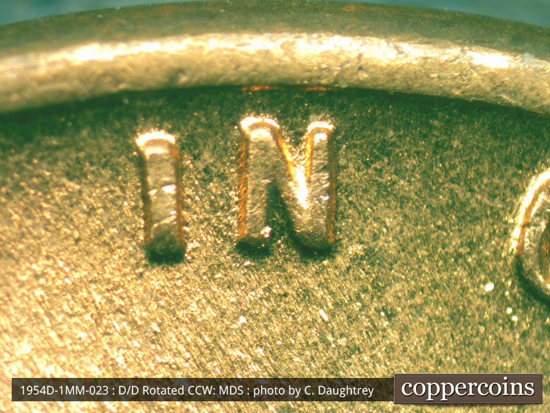 Die-stage B marker on 1954D•1MM•023 (1954 Repunched Mint Mark).