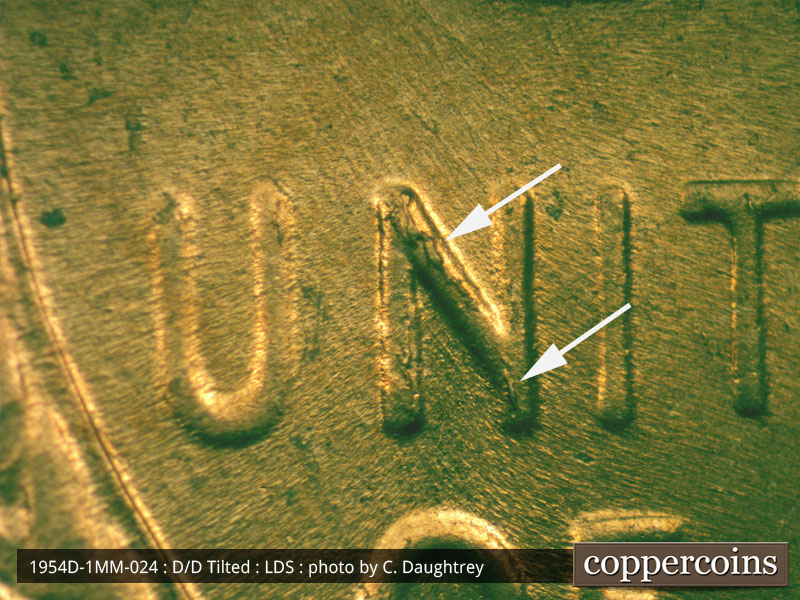 Die-stage C marker on 1954D•1MM•024 (1954 Repunched Mint Mark).