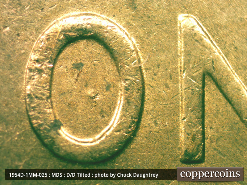 Die-stage B marker on 1954D•1MM•025 (1954 Repunched Mint Mark).