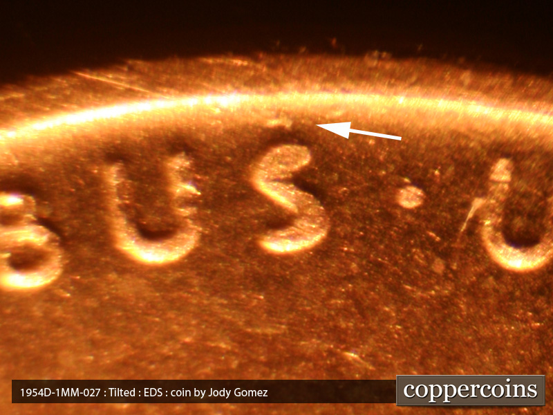 Die-stage A marker on 1954D•1MM•027 (1954 Repunched Mint Mark).