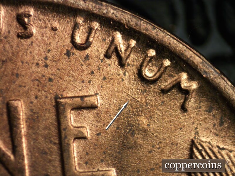 Die-stage B marker on 1954D•1MM•032 (1954 Repunched Mint Mark).