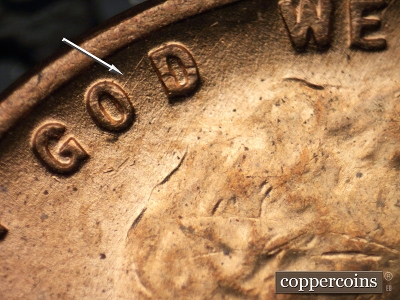Die-stage B marker on 1954D•1MM•035 (1954 Repunched Mint Mark).