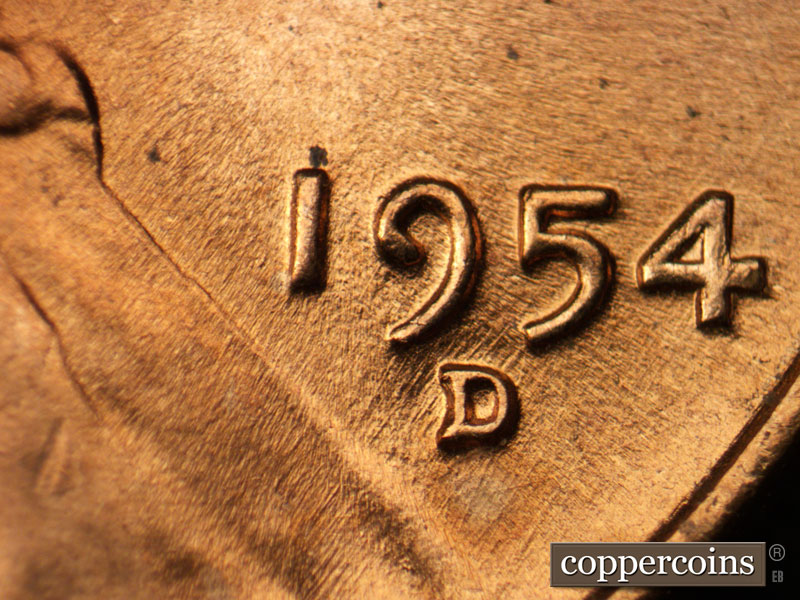 Die-stage B marker on 1954D•1MM•036 (1954 Repunched Mint Mark).