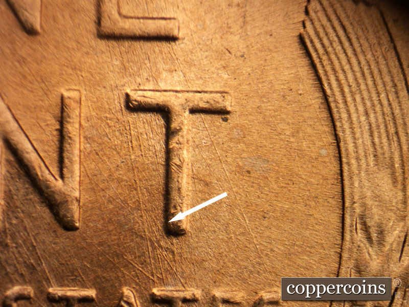 Die-stage B marker on 1954D•1MM•036 (1954 Repunched Mint Mark).