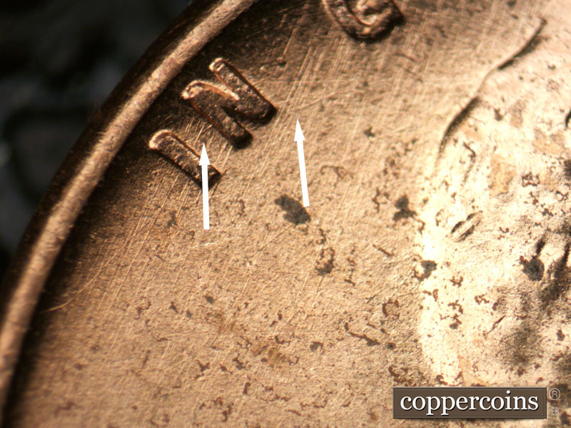 Die-stage B marker on 1954D•1MM•037 (1954 Repunched Mint Mark).