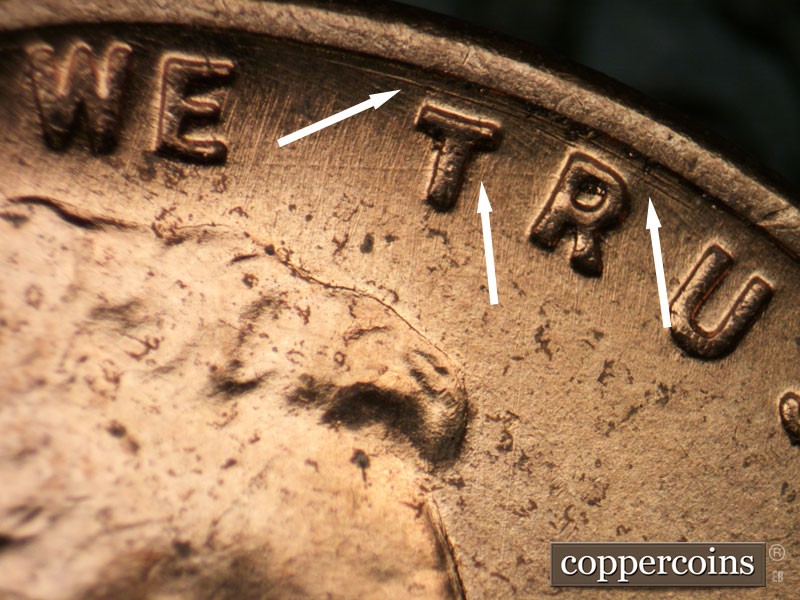 Die-stage B marker on 1954D•1MM•037 (1954 Repunched Mint Mark).