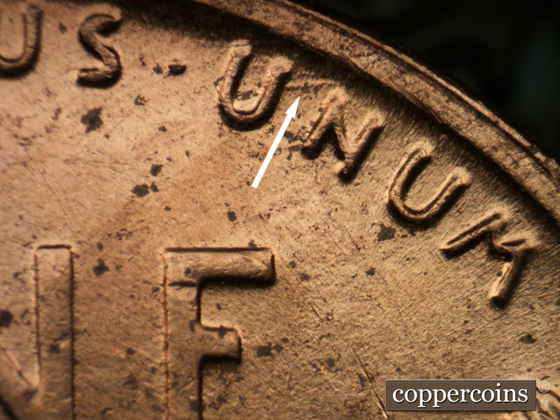 Die-stage B marker on 1954D•1MM•037 (1954 Repunched Mint Mark).