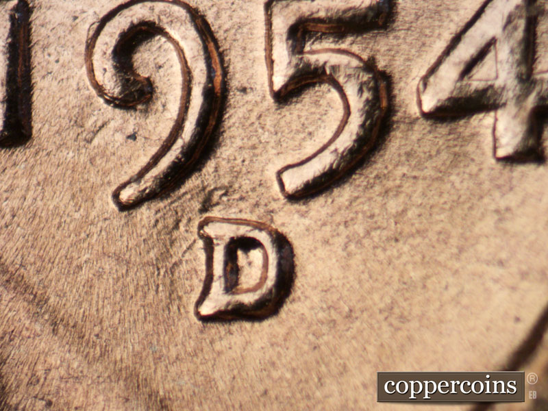 1954 Lincoln cent obverse, CopperCoins die 1954D•1MM•038.