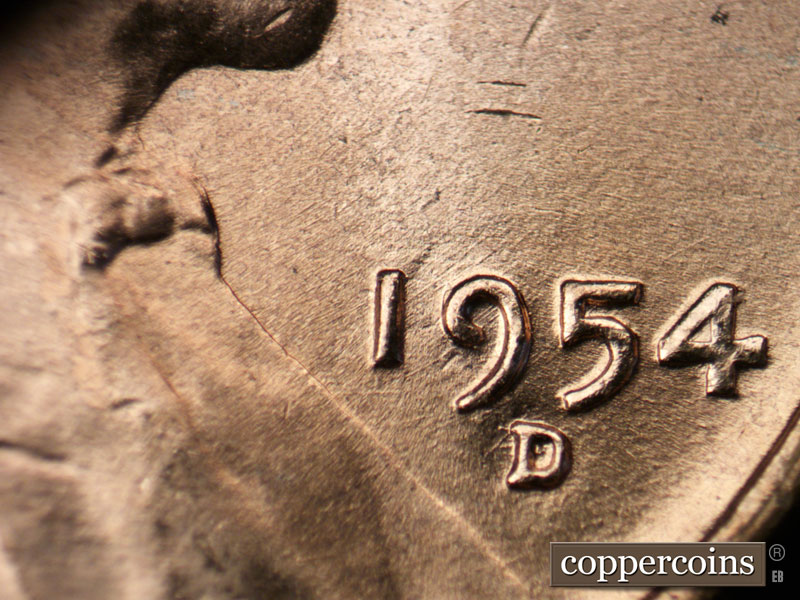 Die-stage B marker on 1954D•1MM•038 (1954 Repunched Mint Mark).