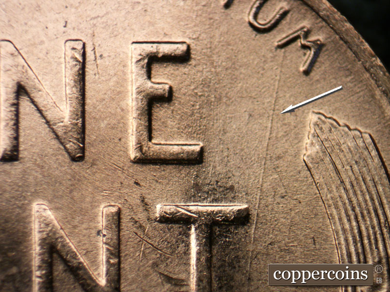 Die-stage B marker on 1954D•1MM•038 (1954 Repunched Mint Mark).