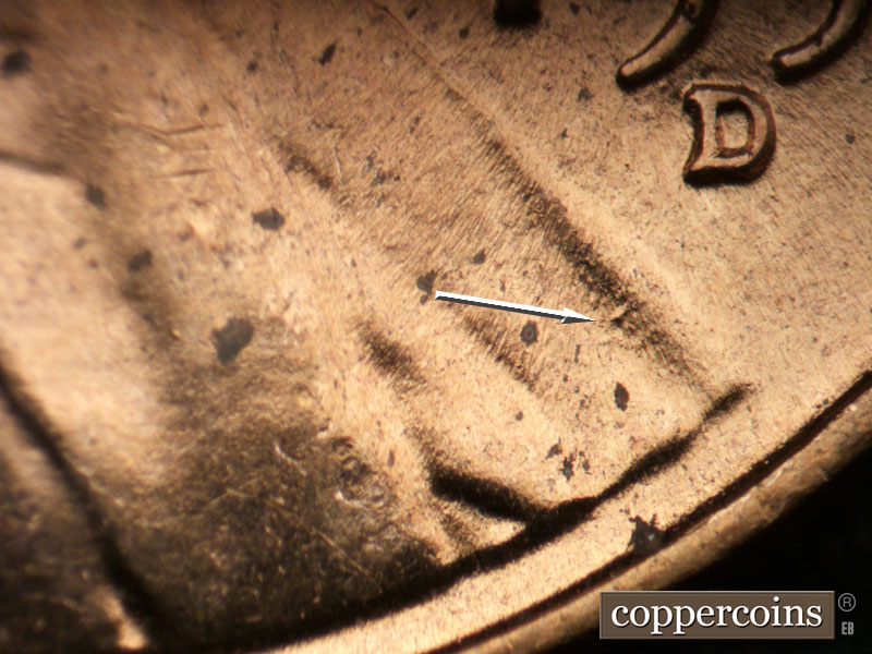 Die-stage B marker on 1954D•1MM•040 (1954 Repunched Mint Mark).