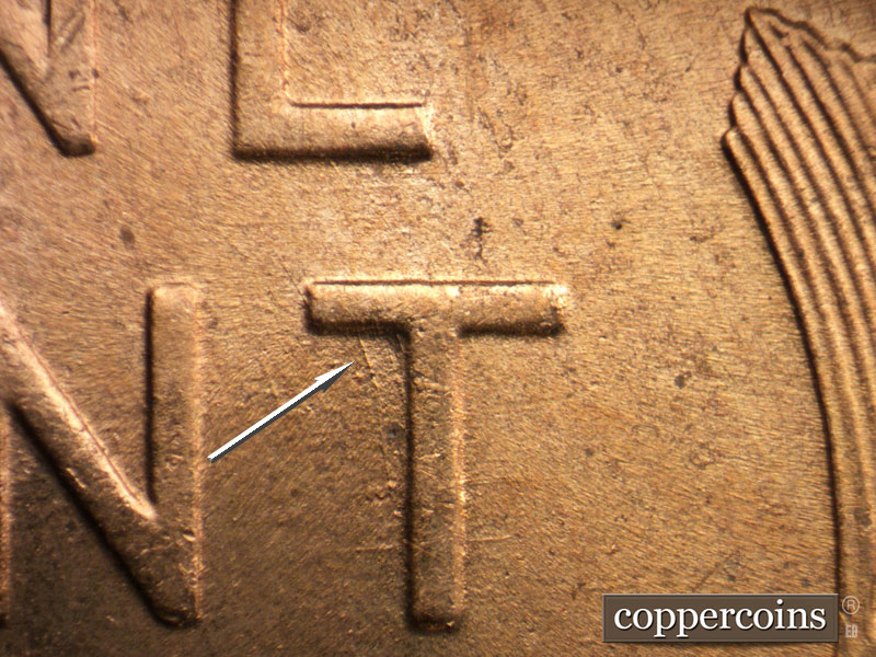 Die-stage B marker on 1954D•1MM•042 (1954 Repunched Mint Mark).