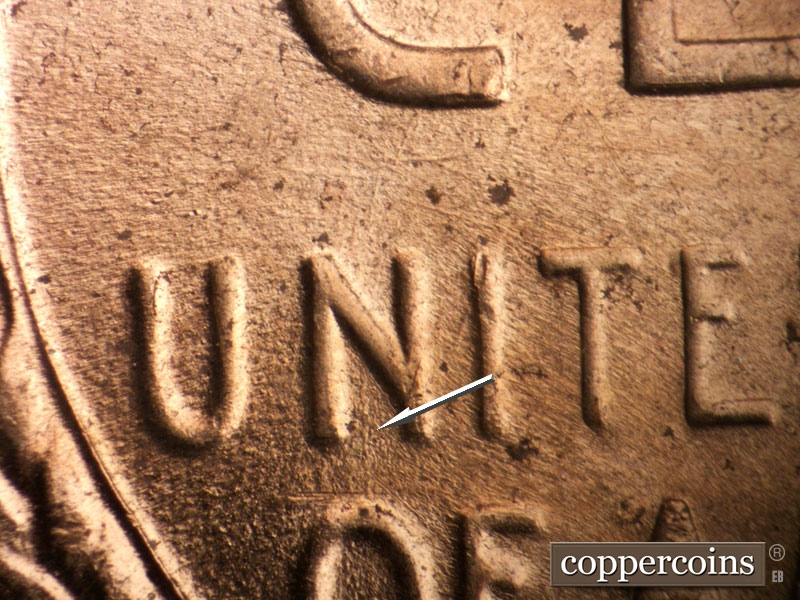 Die-stage B marker on 1954D•1MM•043 (1954 Repunched Mint Mark).