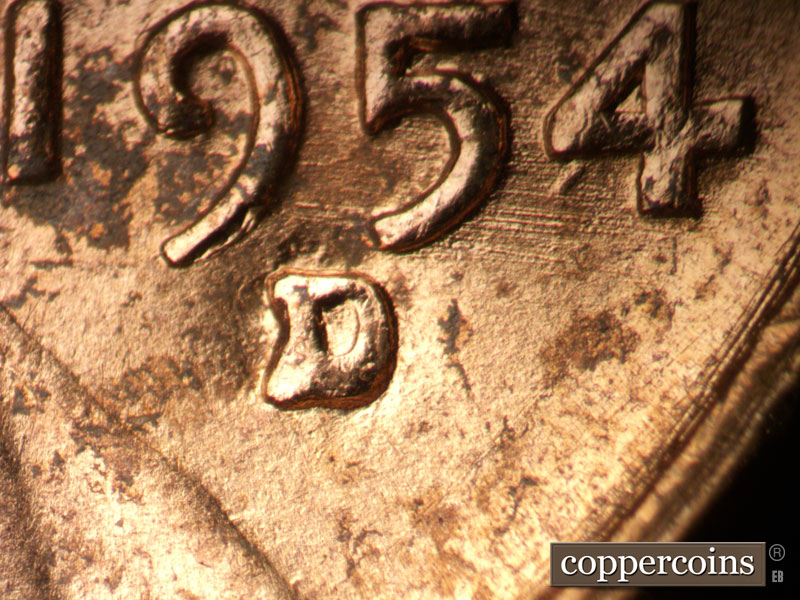 1954 Lincoln cent obverse, CopperCoins die 1954D•1MM•044.