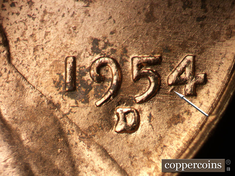 Die-stage B marker on 1954D•1MM•044 (1954 Repunched Mint Mark).