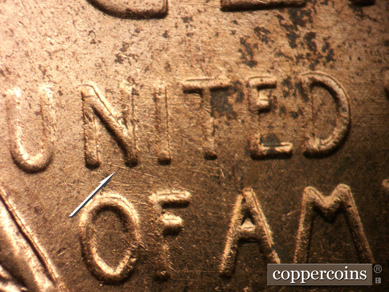 Die-stage B marker on 1954D•1MM•044 (1954 Repunched Mint Mark).