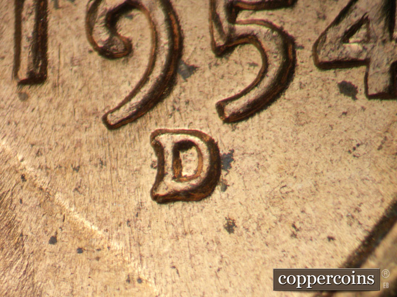 1954 Lincoln cent obverse, CopperCoins die 1954D•1MM•045.