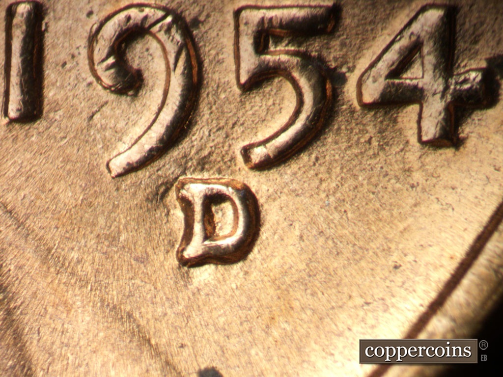 Die-stage B marker on 1954D•1MM•046 showing Closeup of repunched mint mark.