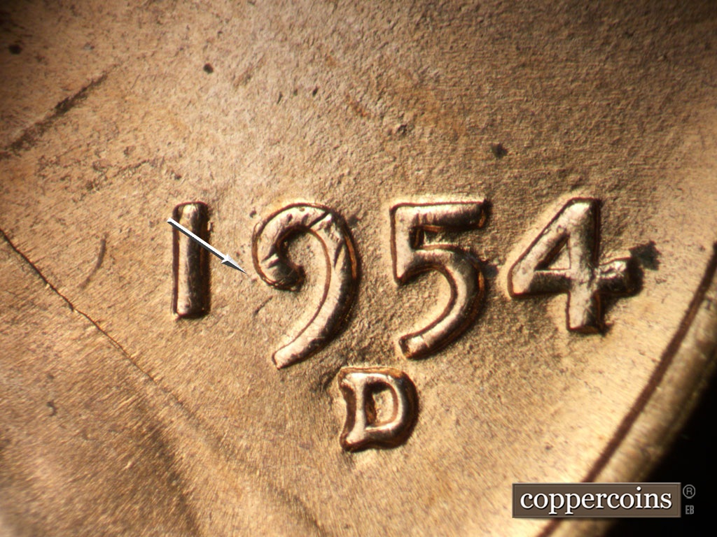 Die-stage B marker on 1954D•1MM•046 showing Small die dot near 9 in date.