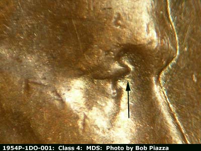 1954 Lincoln cent obverse, CopperCoins die 1954P•1DO•001 — Extra eyelid south of primary.