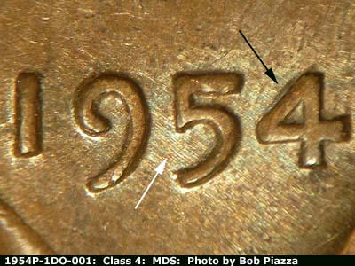 Die-stage B marker on 1954P•1DO•001 showing Doubling see on 4 of date.
