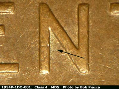 Die-stage B marker on 1954P•1DO•001 showing Short ESE die scratches inside N in CENT.