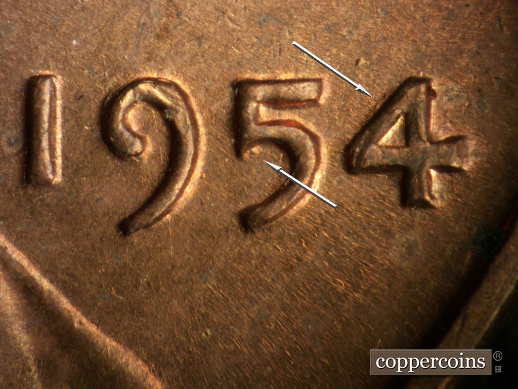 Die-stage C marker on 1954P•1DO•001 showing Doubling on 4 of date. Die break forming on 5 of date.