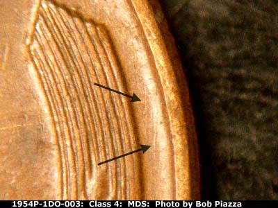 Die-stage B marker on 1954P•1DO•003 (1954 Doubled Die Obverse).