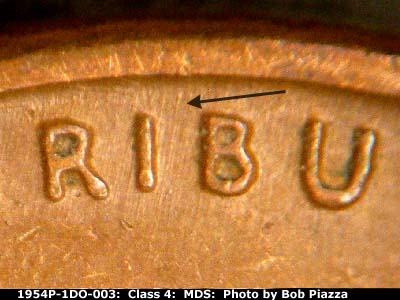 Die-stage B marker on 1954P•1DO•003 (1954 Doubled Die Obverse).