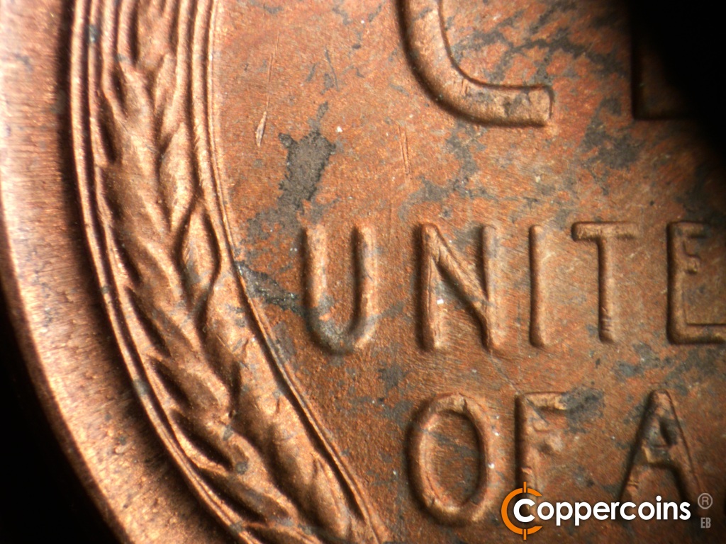Die-stage B marker on 1954P•1DO•004 showing Light N/S die scratches through U in UNITED.