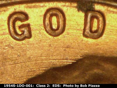 Die-stage A marker on 1954S•1DO•001 (1954 Doubled Die Obverse).