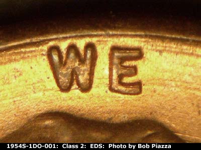 Die-stage A marker on 1954S•1DO•001 (1954 Doubled Die Obverse).