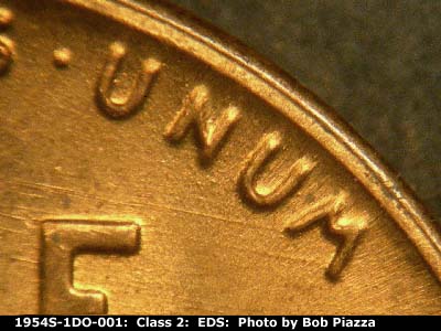 Die-stage A marker on 1954S•1DO•001 (1954 Doubled Die Obverse).