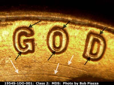 Die-stage B marker on 1954S•1DO•001 (1954 Doubled Die Obverse).