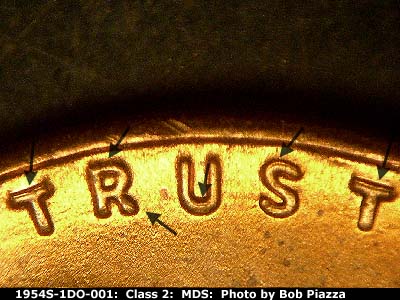 Die-stage B marker on 1954S•1DO•001 (1954 Doubled Die Obverse).