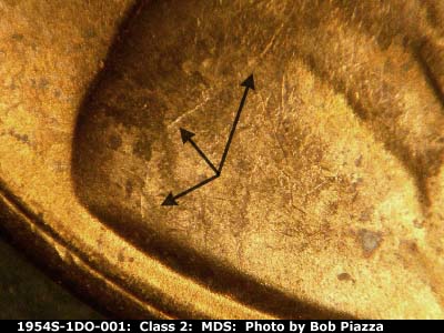 Die-stage B marker on 1954S•1DO•001 (1954 Doubled Die Obverse).