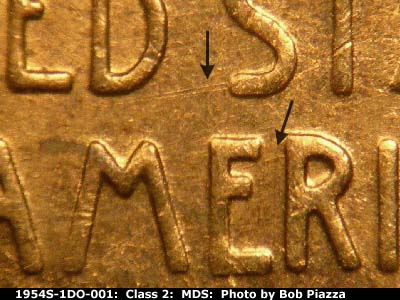 Die-stage B marker on 1954S•1DO•001 (1954 Doubled Die Obverse).