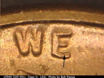 Die-stage C marker on 1954S•1DO•001 (1954 Doubled Die Obverse).