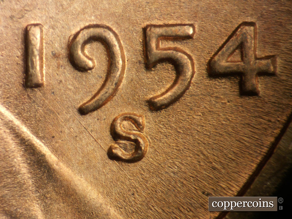 Die-stage B marker on 1954S•1DO•002 showing Closeup of repunced mint mark. SE die scratch from 9 in date through mint mark.