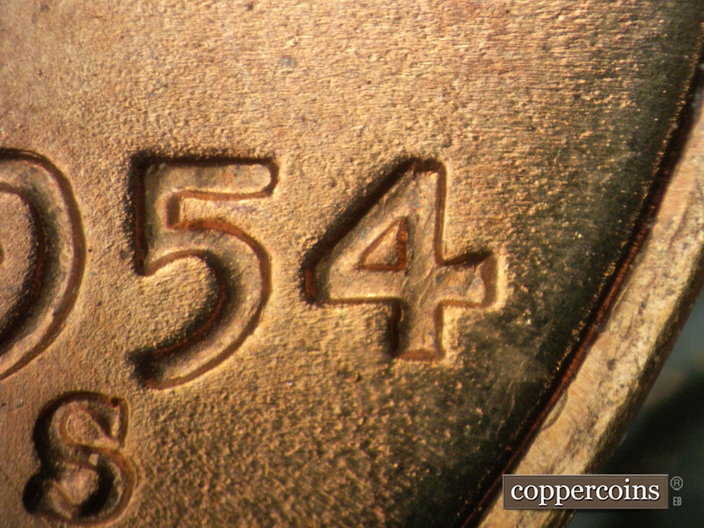 Die-stage B marker on 1954S•1DO•002 showing Light doubling see in horizontal of 4 in date.